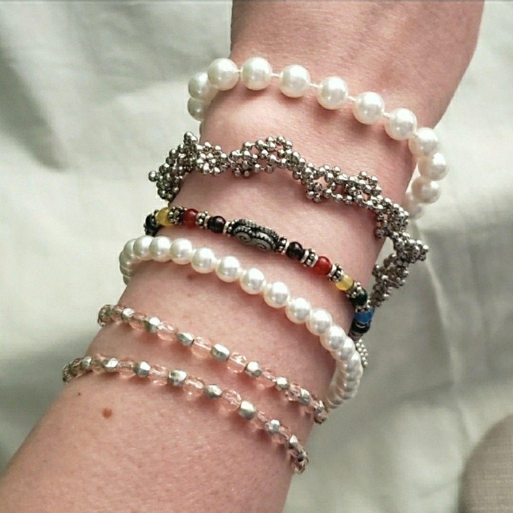 Bracelet Lot 6 Beaded Rainbow Acrylic Silver Metal Pearl Translucent Pink Brl3